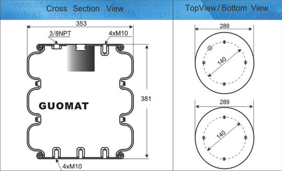 الربيع الهوائي الصناعي 4xM10 المسمار GUOMAT NO. 3B7383-3/8 Bellow No.3B383 القطر الطبيعي 351mm