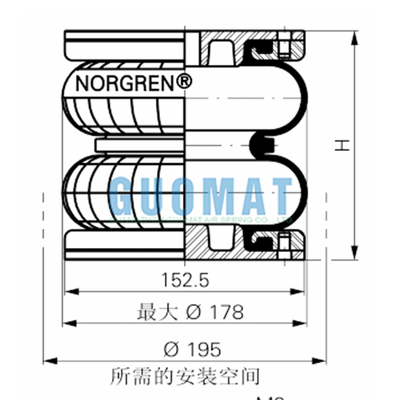 بالون هواء مزدوج التجعيد Norgren PM/31062 مقاس 6 بوصات × 2 زنبرك هوائي مضغوط
